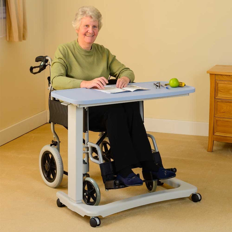 Alternative view of NRS Easylift Wheelchair Table-Blue, showing different angle or usage.