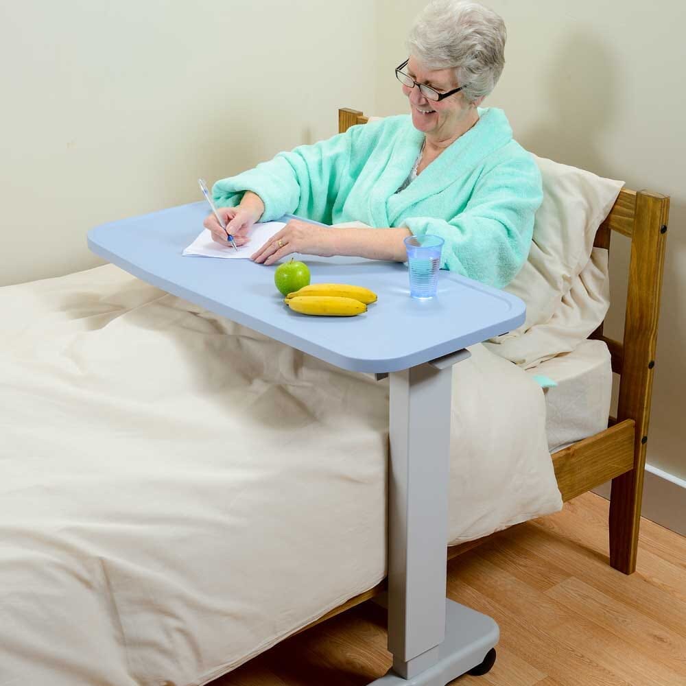 Close-up of a feature of NRS Easylift Wheelchair Table-Blue.
