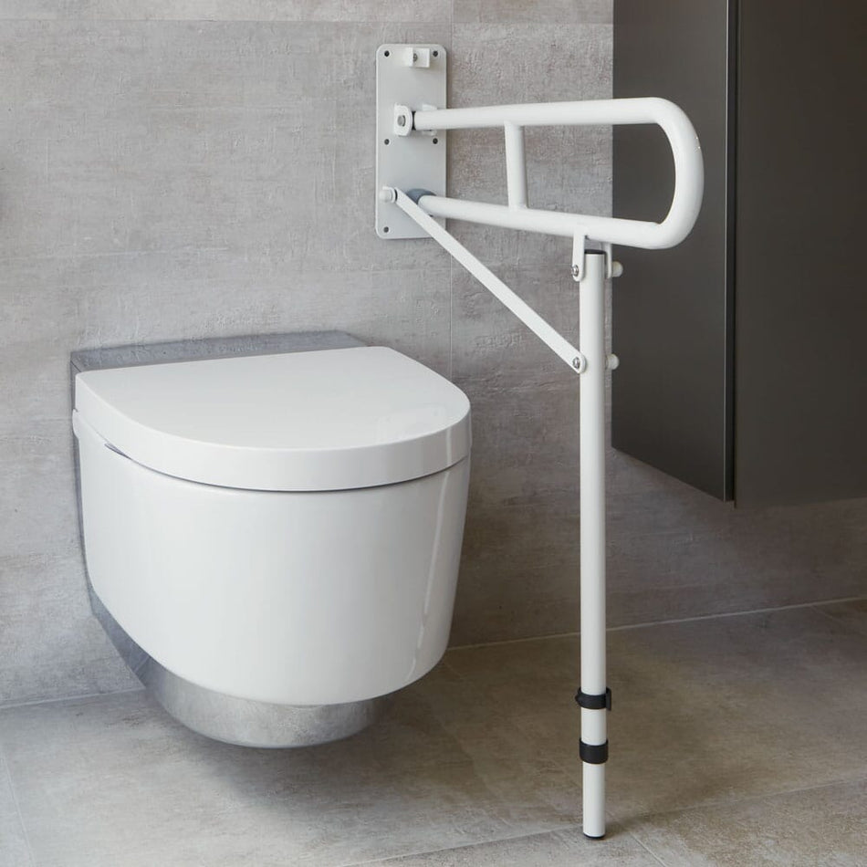 Image of NRS Economy Drop Down Toilet Support Rail with Leg on a plain background.