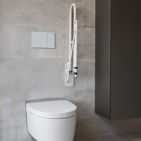 Alternative view of NRS Economy Drop Down Toilet Support Rail with Leg, showing different angle or usage.