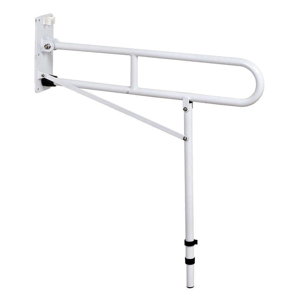 Diagram or packaging of NRS Economy Drop Down Toilet Support Rail with Leg highlighting dimensions or features.