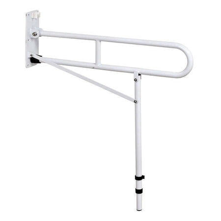 Diagram or packaging of NRS Economy Drop Down Toilet Support Rail with Leg highlighting dimensions or features.