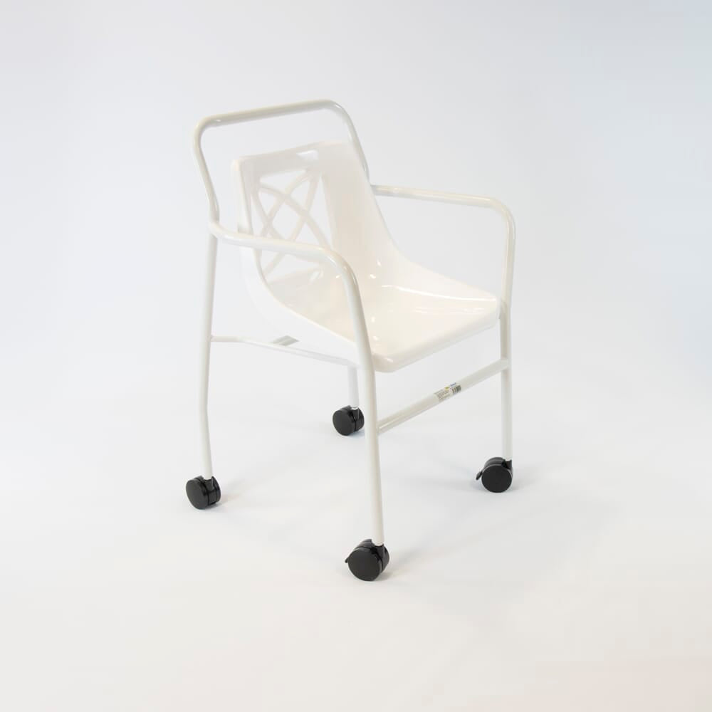 Angled view of NRS Economy Mobile Shower Chair with moulded seat, supportive backrest and height-adjustable legs on a plain background.
