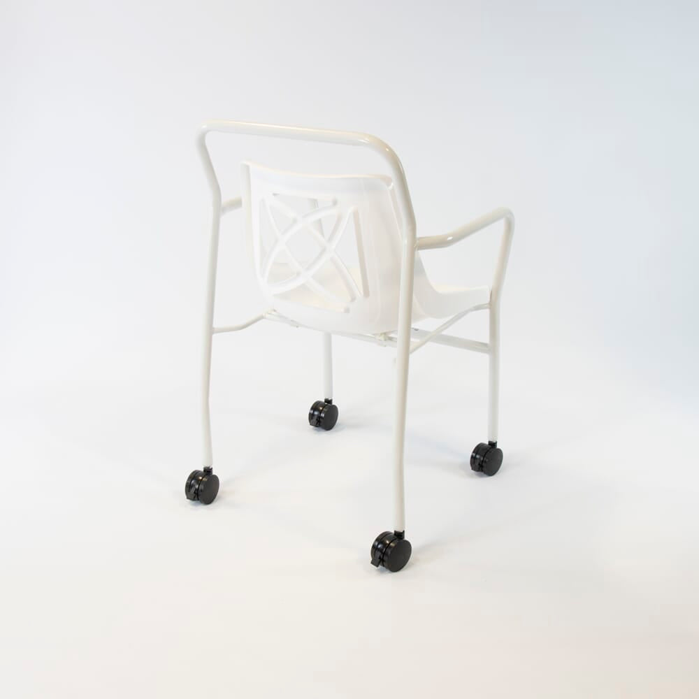 Front view of NRS Economy Mobile Shower Chair showing drainage holes in the seat and the supportive backrest design.