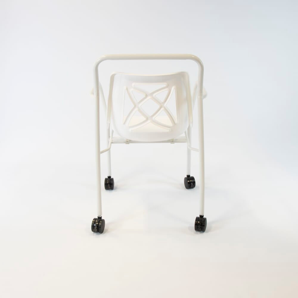 Side view of NRS Economy Mobile Shower Chair highlighting the seat height, optional armrests and sturdy aluminium legs.