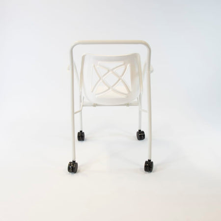 Side view of NRS Economy Mobile Shower Chair highlighting the seat height, optional armrests and sturdy aluminium legs.
