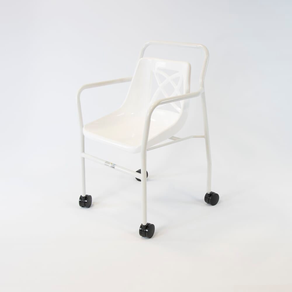 Close-up of a leg on NRS Economy Mobile Shower Chair, highlighting the height adjustment mechanism and non-slip rubber ferrule.