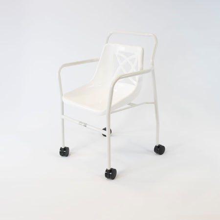 Close-up of a leg on NRS Economy Mobile Shower Chair, highlighting the height adjustment mechanism and non-slip rubber ferrule.