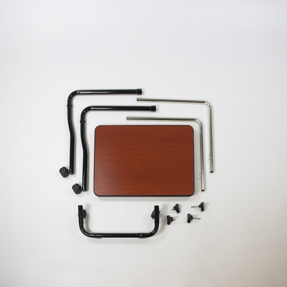 Close-up of a push button or knob on NRS Economy Overbed Table's frame used for adjusting height or tilt.