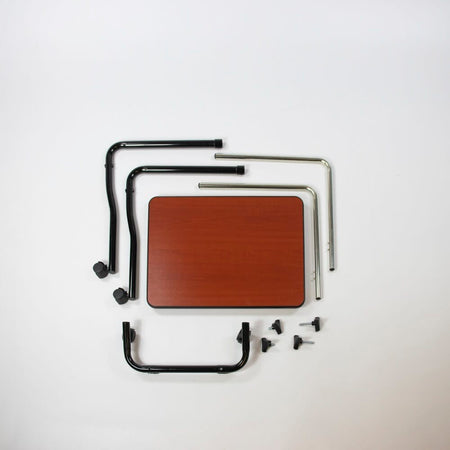 Close-up of a push button or knob on NRS Economy Overbed Table's frame used for adjusting height or tilt.