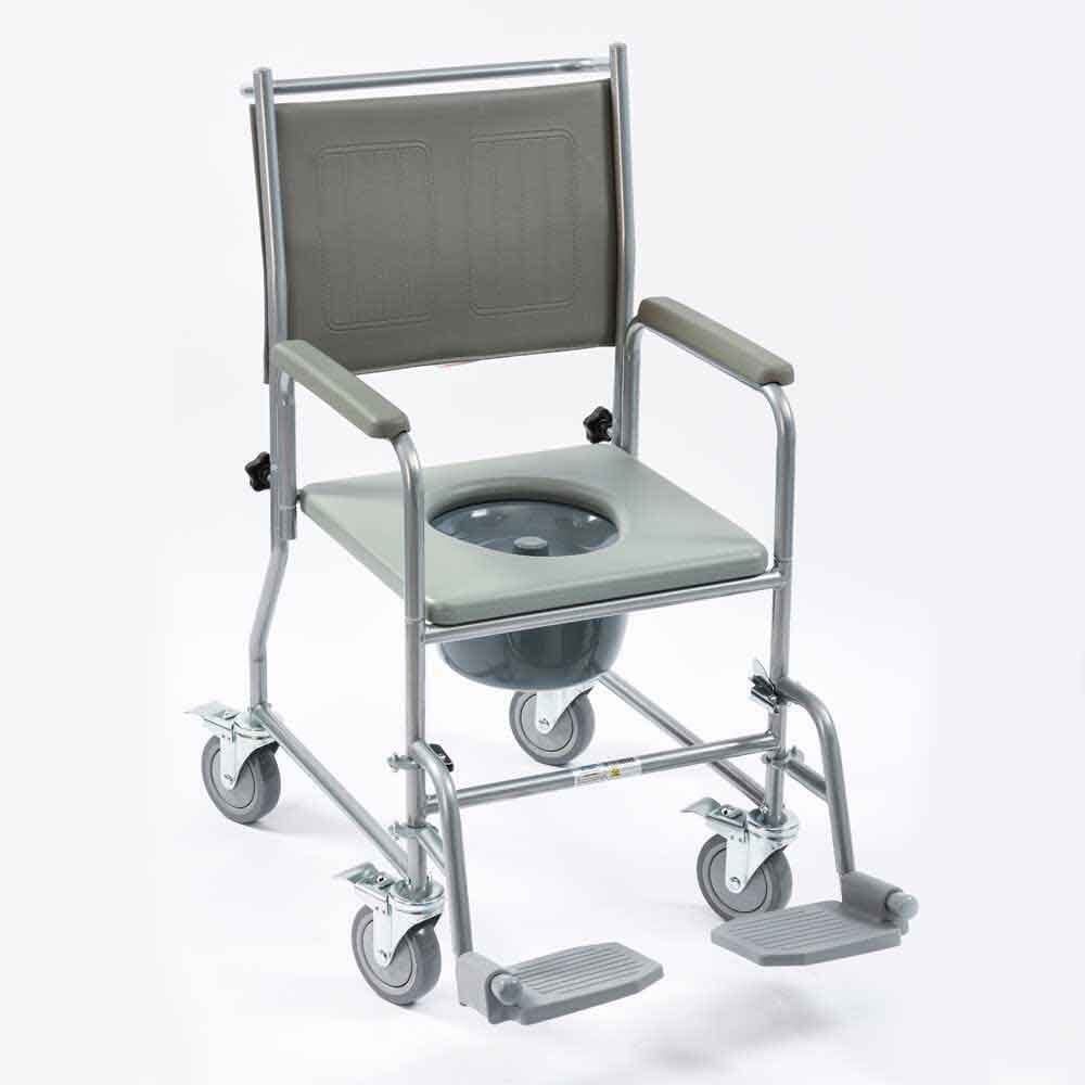 NRS Economy Wheeled Commode in use in a home setting, with lid open to illustrate accessibility and convenience.