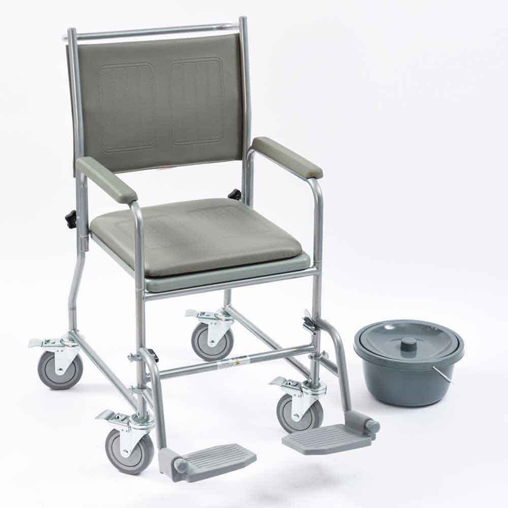 Close-up of the height-adjustable legs or non-slip feet on NRS Economy Wheeled Commode.