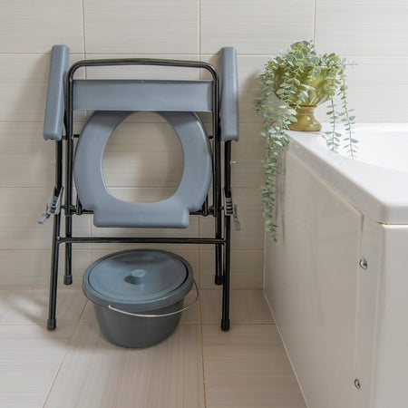 Close-up of the height-adjustable legs or non-slip feet on NRS Folding Commode.