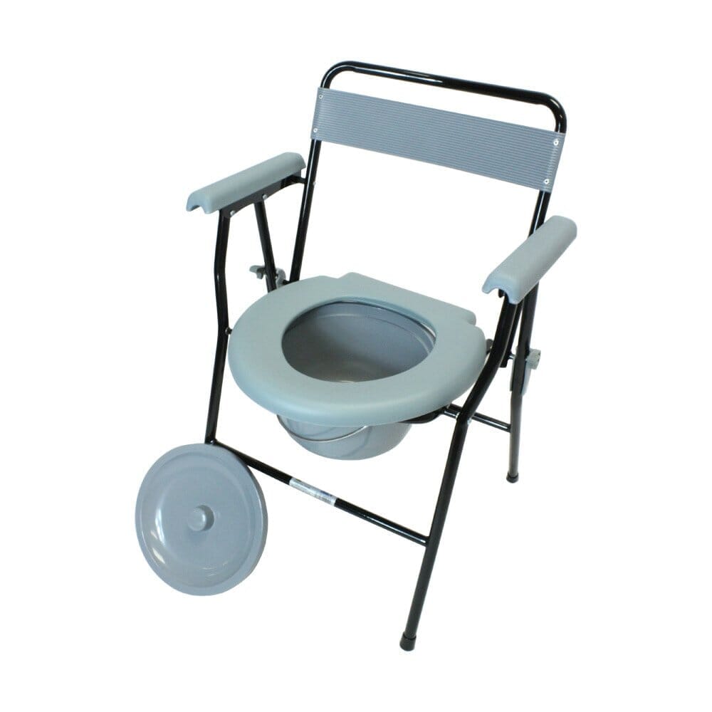 Person emptying or cleaning the commode pan of NRS Folding Commode into a standard toilet.
