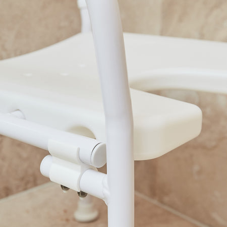 Side view of NRS Folding Shower Chair highlighting the seat height, optional armrests and sturdy aluminium legs.