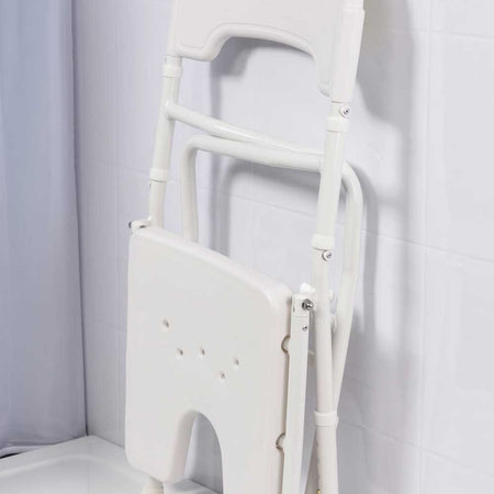 NRS Folding Shower Chair folded flat or partially folded to show compact storage (if applicable).