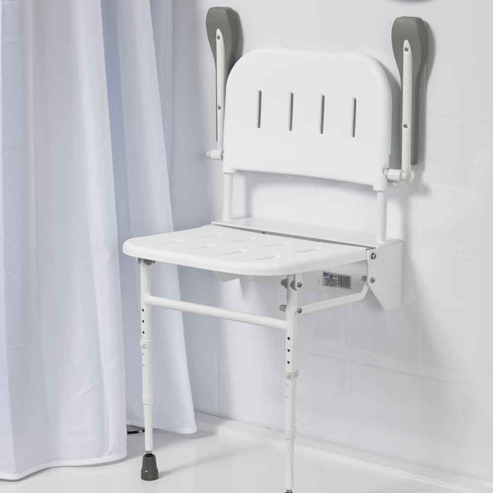 Alternative view of NRS Folding Shower Seat with Legs-Back and Arms, showing different angle or usage.
