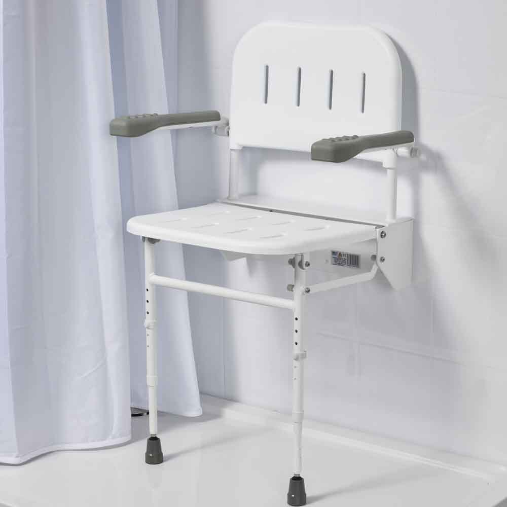 Lifestyle image of NRS Folding Shower Seat with Legs-Back and Arms being used in a real-life setting.