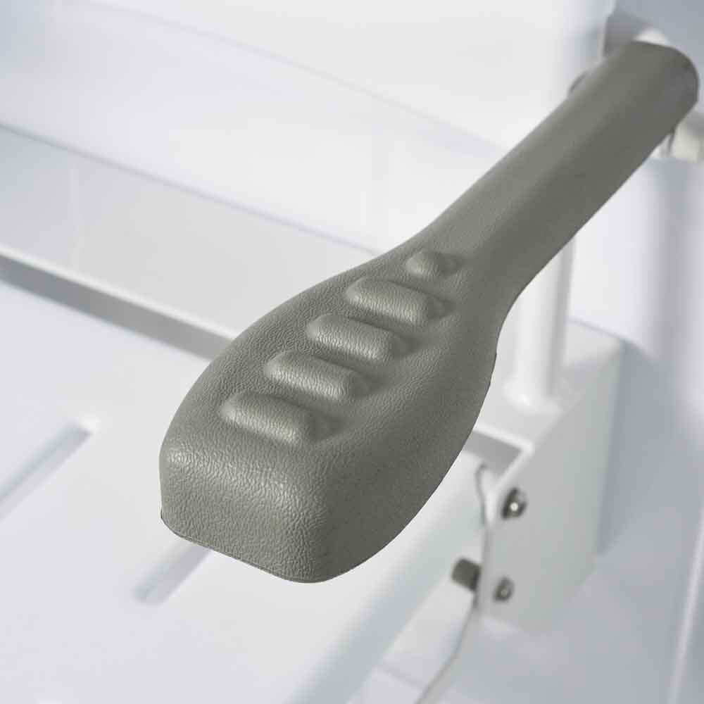 Diagram or packaging of NRS Folding Shower Seat with Legs-Back and Arms highlighting dimensions or features.