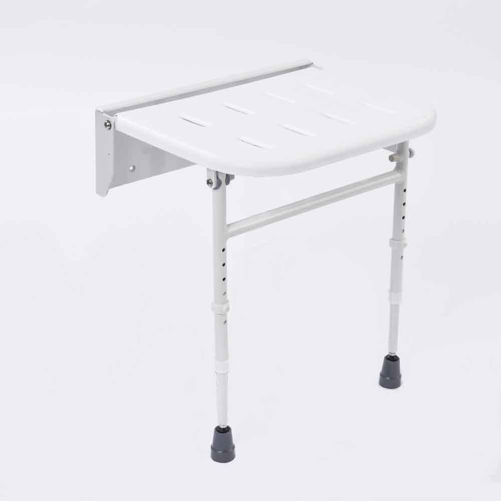 Diagram or packaging of NRS Folding Shower Seat with Legs highlighting dimensions or features.