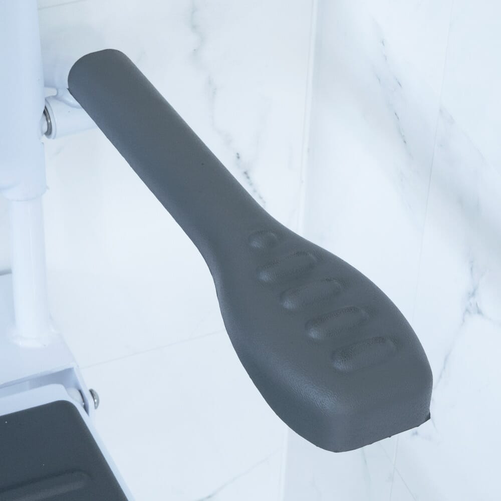 Close-up of a feature of NRS Folding Shower Seat with Legs, Padded Seat, Back, and Arms.