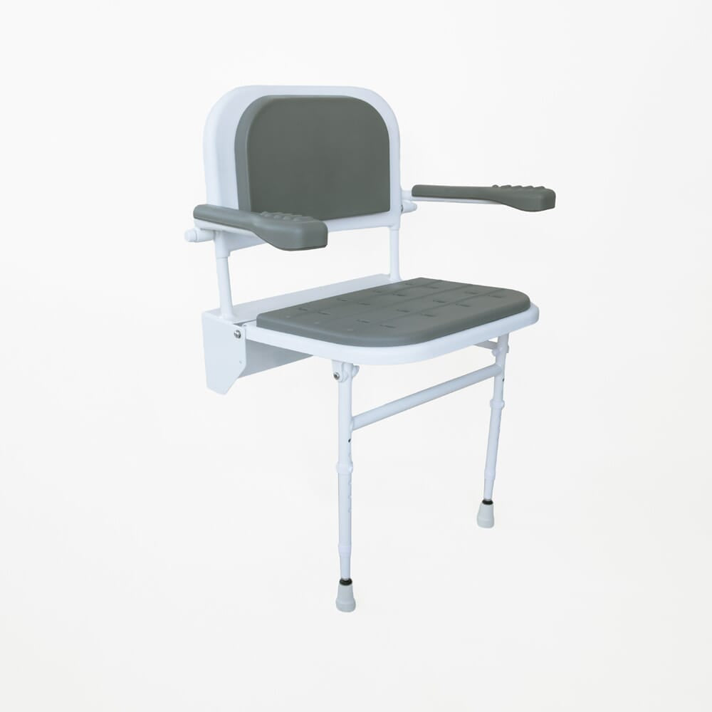Diagram or packaging of NRS Folding Shower Seat with Legs, Padded Seat, Back, and Arms highlighting dimensions or features.