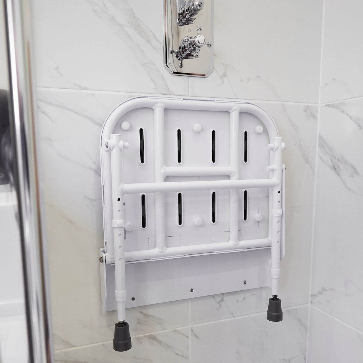 Close-up of a feature of NRS Folding Shower Seat with Legs and Padded Seat.