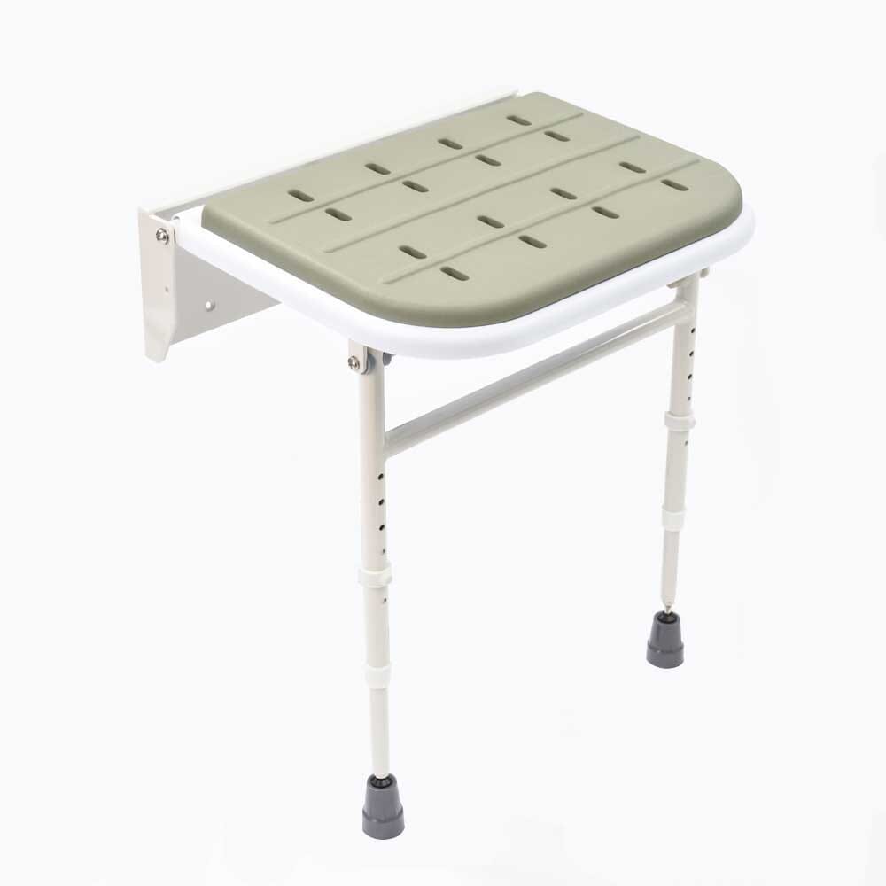 Diagram or packaging of NRS Folding Shower Seat with Legs and Padded Seat highlighting dimensions or features.