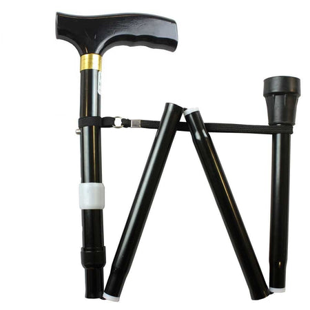 Full view of NRS Folding Walking Stick walking stick on a plain background, showing its handle, shaft and ferrule.
