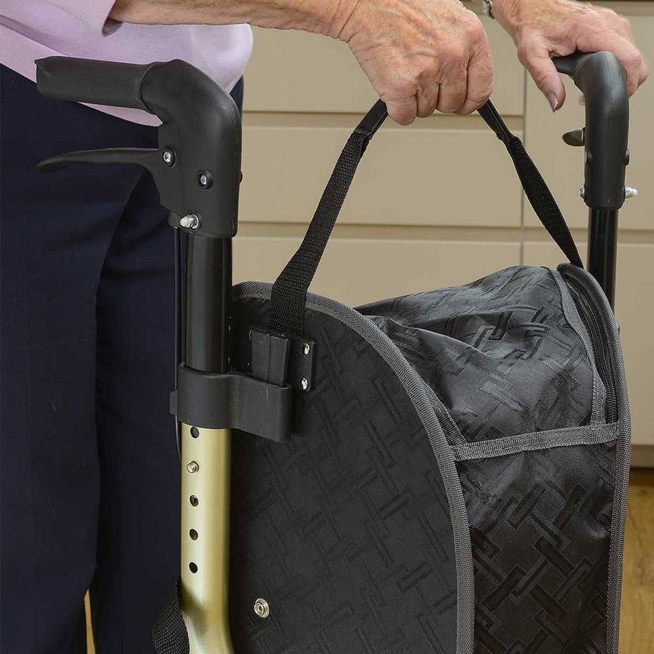 Angled view of NRS Freestyle 3 Wheel Rollator Bag three-wheel rollator with basket or bag on a plain background.