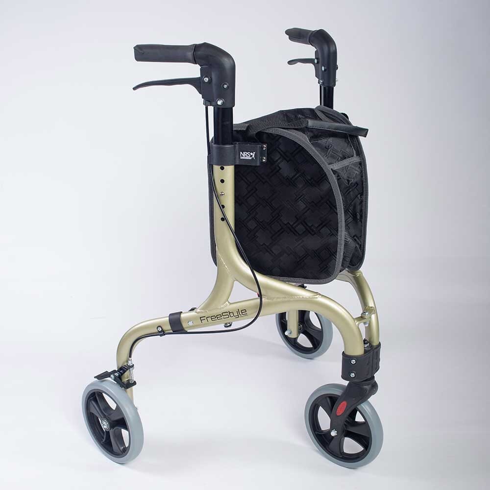 Angled view of NRS Freestyle 3 Wheel Rollator three-wheel rollator with basket or bag on a plain background.