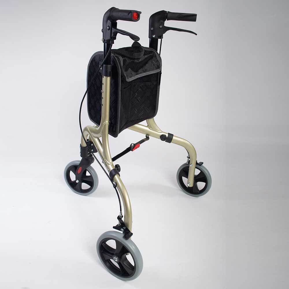 Front view of NRS Freestyle 3 Wheel Rollator three-wheel rollator showing handlebars, brake cables and single front wheel.