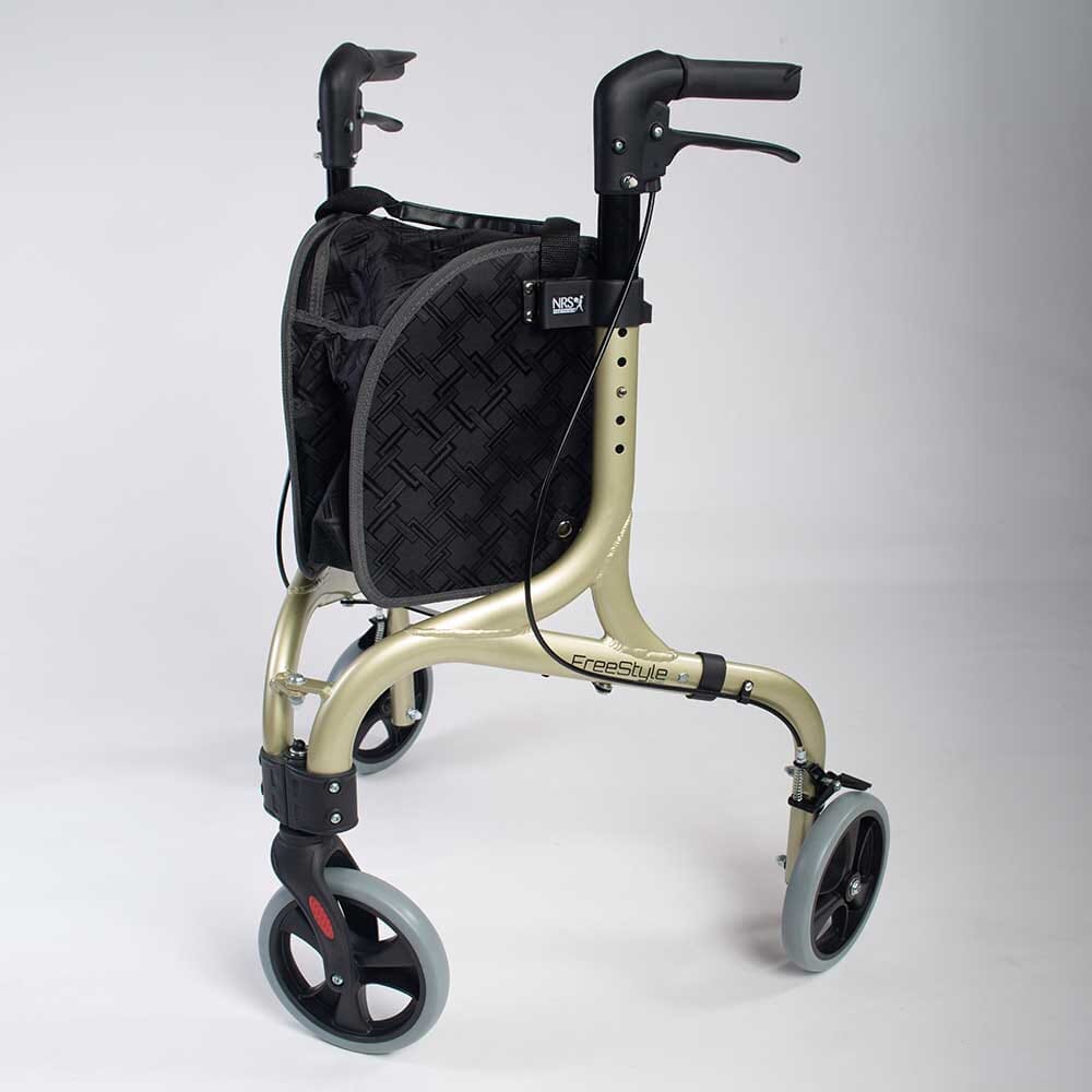 Close-up of the handle and brake lever on NRS Freestyle 3 Wheel Rollator rollator, emphasising the easy-grip design.
