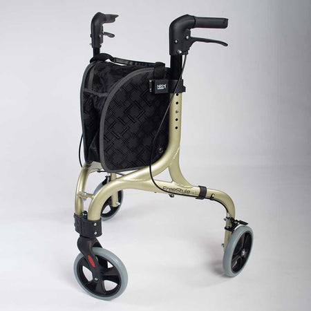 Close-up of the handle and brake lever on NRS Freestyle 3 Wheel Rollator rollator, emphasising the easy-grip design.