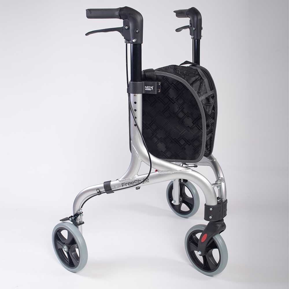 Demonstration of folding or adjusting NRS Freestyle 3 Wheel Rollator rollator by hand.