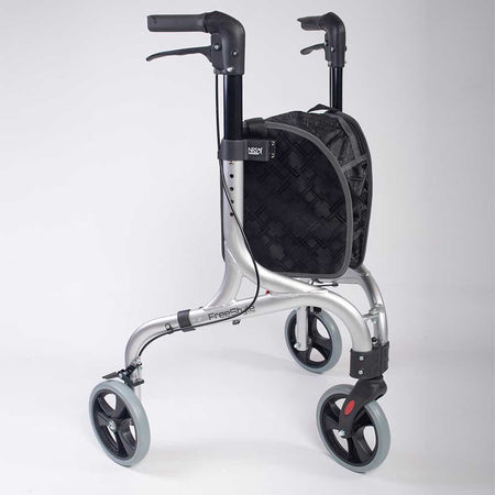 Demonstration of folding or adjusting NRS Freestyle 3 Wheel Rollator rollator by hand.