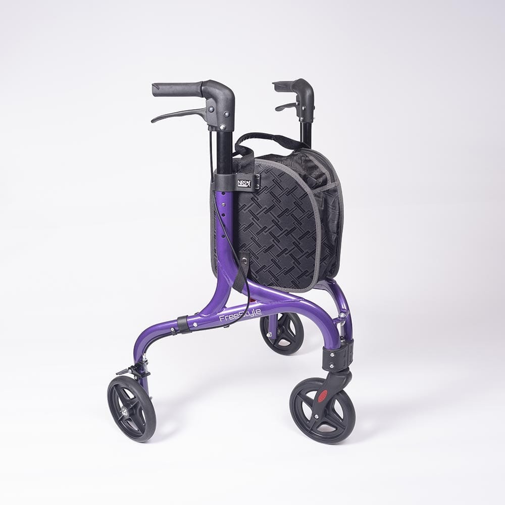 Angled view of NRS Freestyle 3 Wheel Rollator three-wheel rollator with basket or bag on a plain background.
