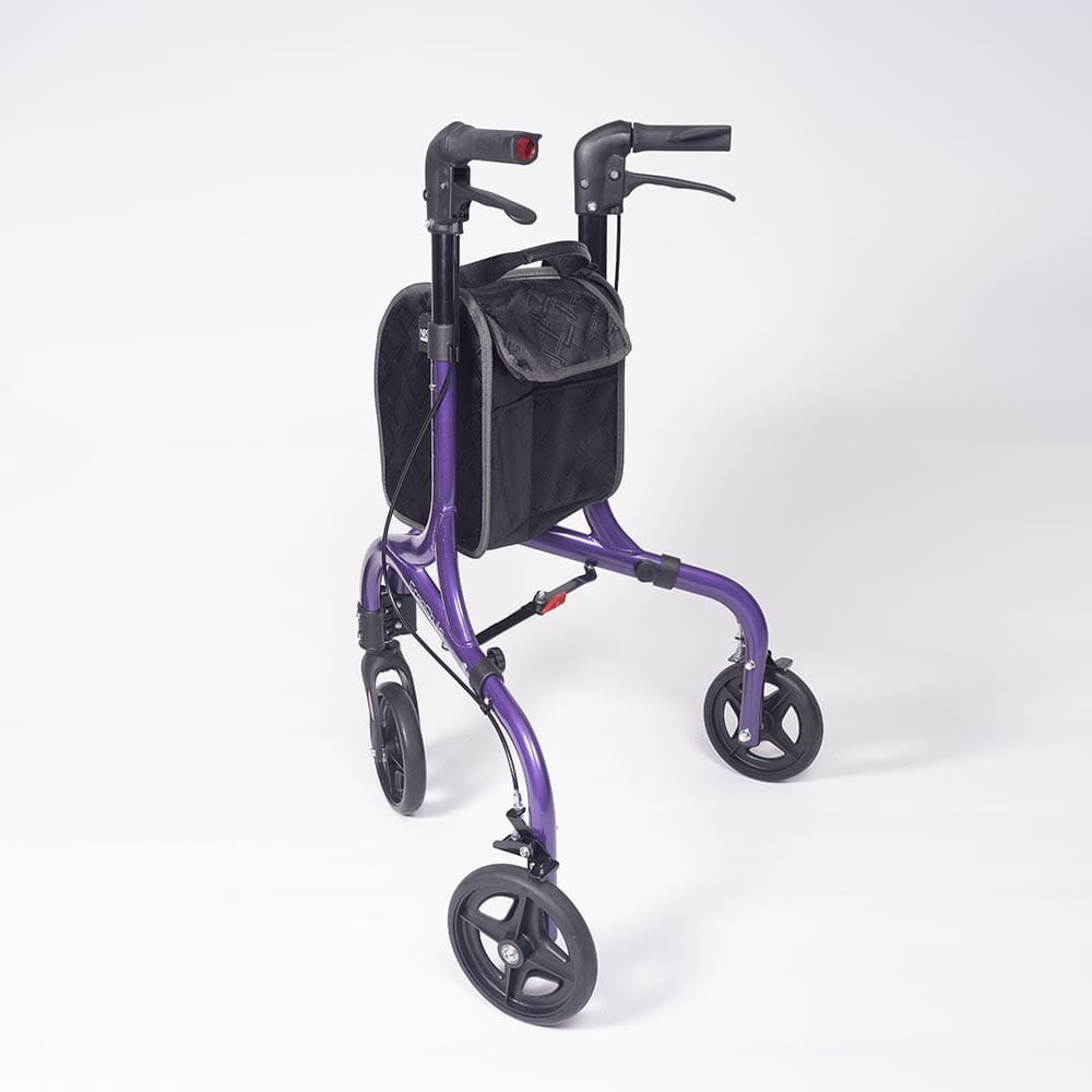 Side view of NRS Freestyle 3 Wheel Rollator three-wheel rollator, highlighting the triangular frame and rear wheels.