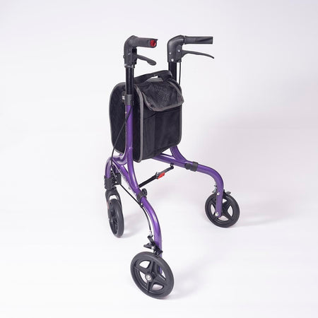Side view of NRS Freestyle 3 Wheel Rollator three-wheel rollator, highlighting the triangular frame and rear wheels.
