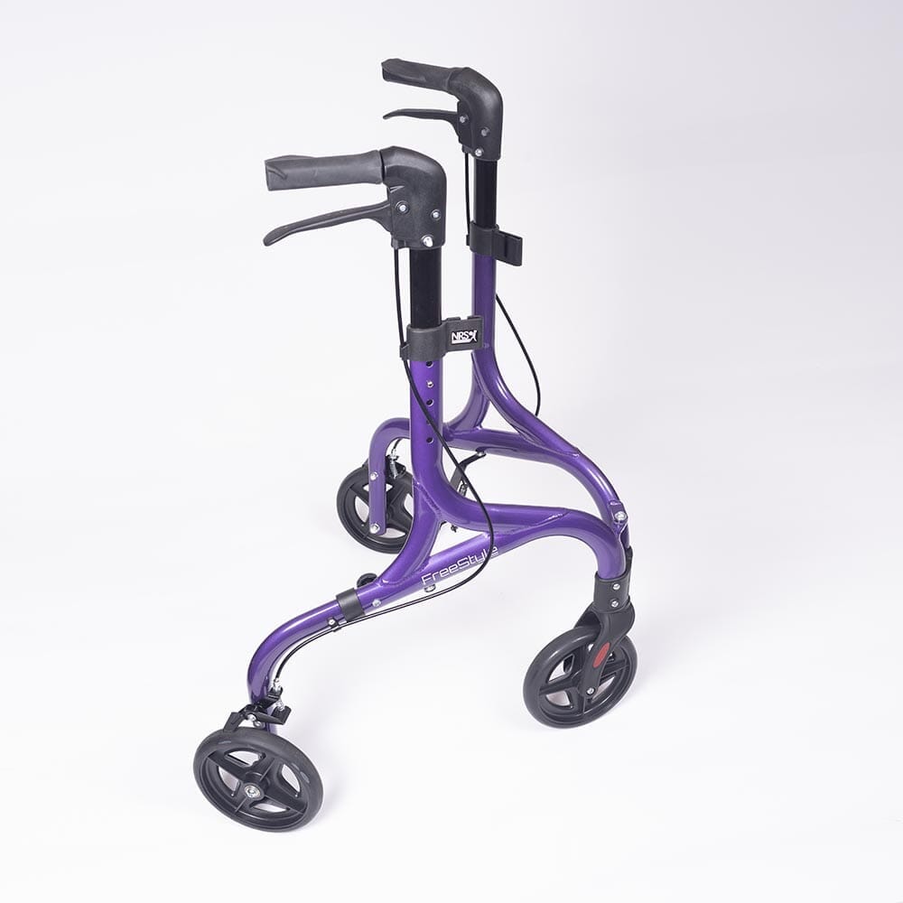 Close-up of the front wheel and fork on NRS Freestyle 3 Wheel Rollator rollator showing manoeuvrability.