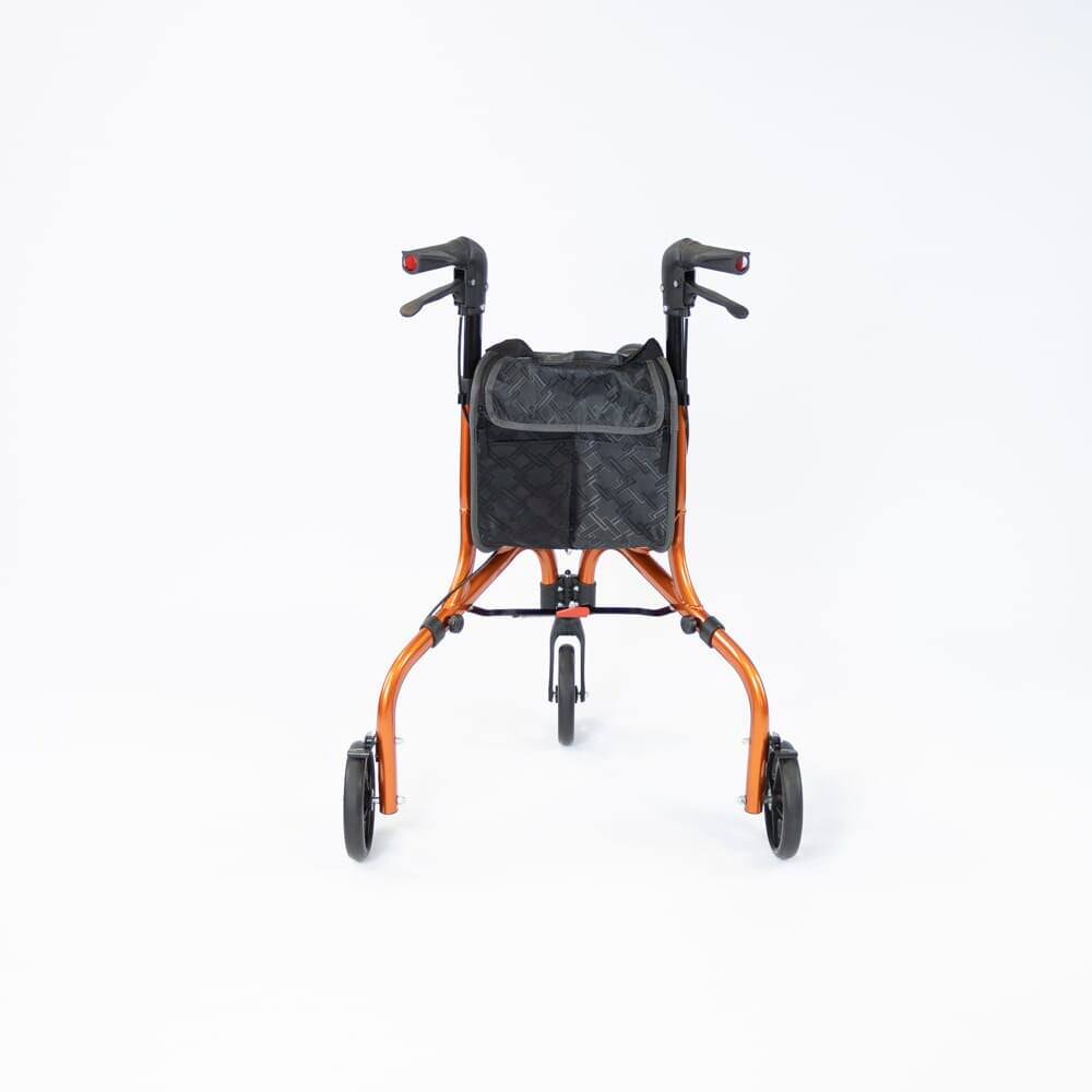Close-up of the front wheel and fork on NRS Freestyle 3 Wheel Rollator rollator showing manoeuvrability.