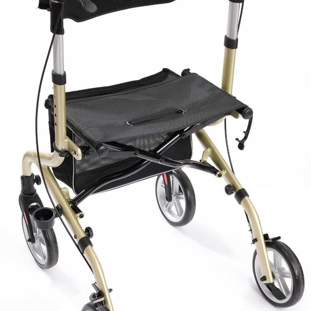 Another view of the under-seat bag being adjusted on NRS Freestyle 4 Wheel Rollator rollator.