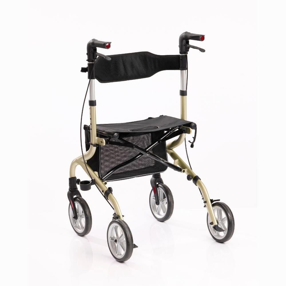 Close-up of the brake mechanism on NRS Freestyle 4 Wheel Rollator rollator's wheel with spring and cable detail.