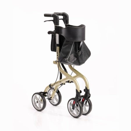 Detail of the height-adjustable frame on NRS Freestyle 4 Wheel Rollator rollator with holes and push-button.