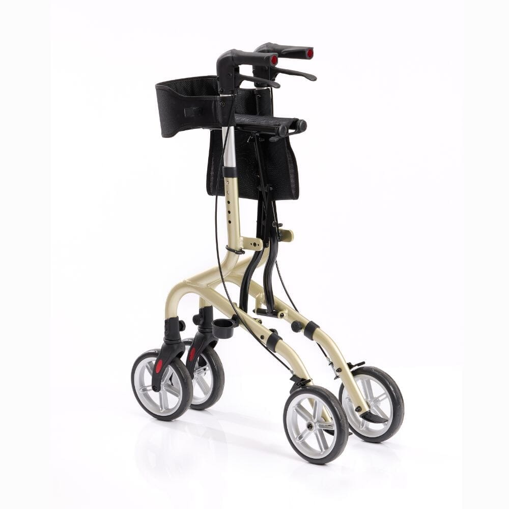 Close-up of a hand squeezing the brake lever on NRS Freestyle 4 Wheel Rollator rollator's handle.