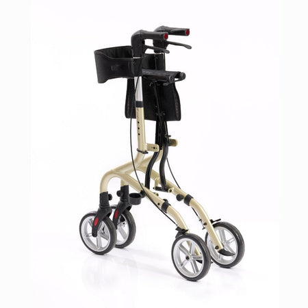 Close-up of a hand squeezing the brake lever on NRS Freestyle 4 Wheel Rollator rollator's handle.