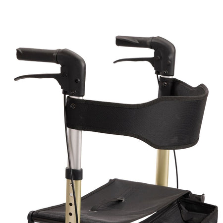 Close-up of the brake lever on NRS Freestyle 4 Wheel Rollator rollator being released, showing safety catch.
