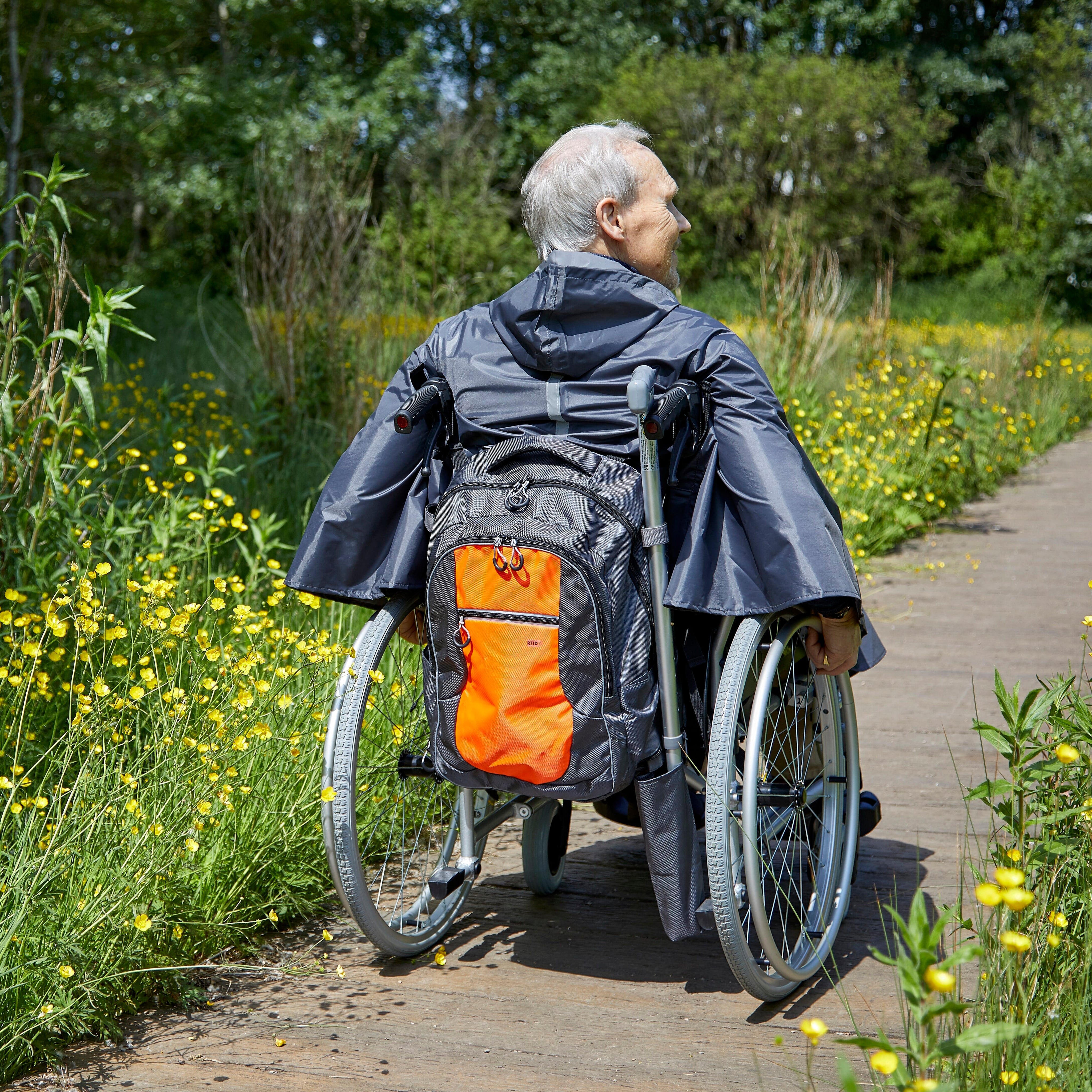 Full view of NRS Freestyle High Visibility Wheelchair Bag bag on a plain background, showing its shape and carrying handles.