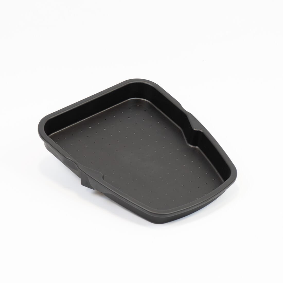 Angled view of NRS Freestyle Rollator Tray rollator with seat, padded backrest, storage bag and four wheels on a plain background.