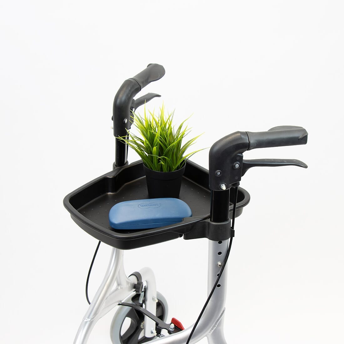 NRS Freestyle Rollator Tray rollator folded from the front, demonstrating its slim, space-saving design.